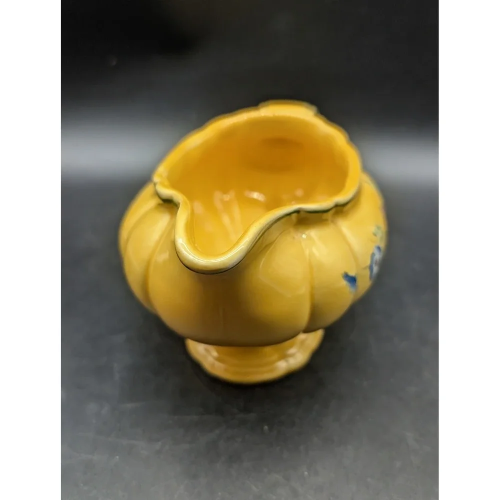 Vintage Longchamp Hand Painted France Yellow Floral Gravy Boat Pedestal 7